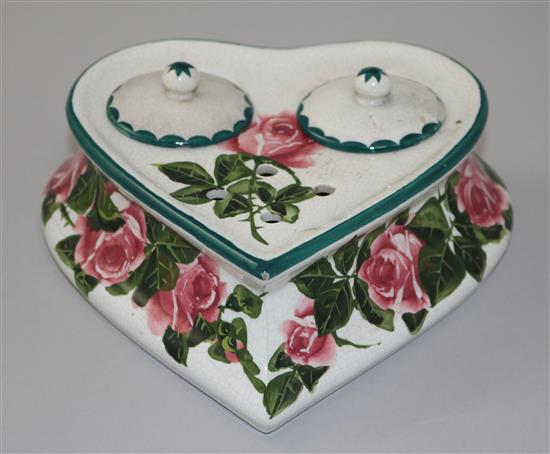 A Wemyss cabbage rose pattern heart shaped ink stand, early 20th century, length 18cm